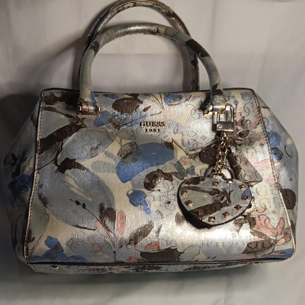 Guess Blue and Silver Floral Satchel